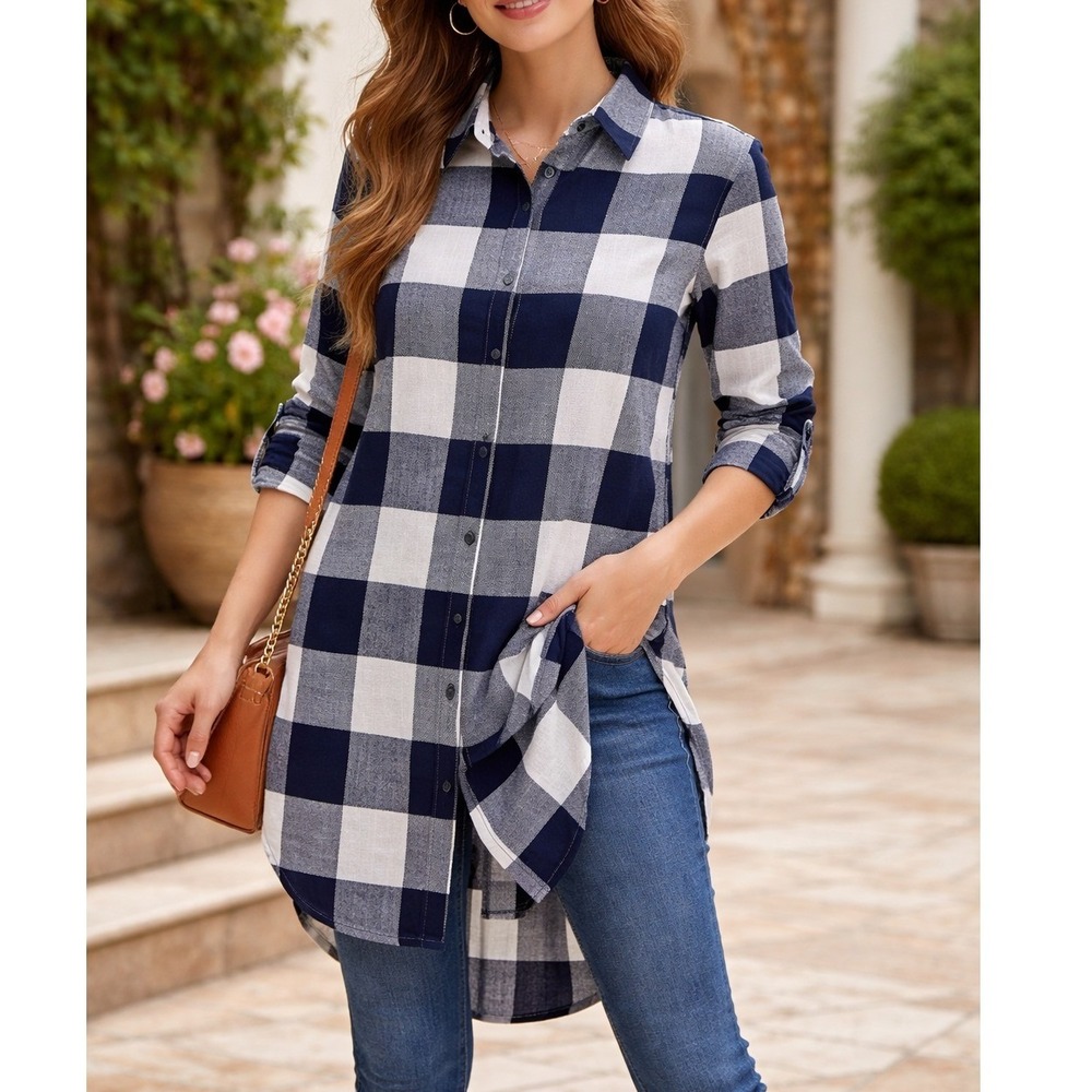 NEW Navy Blue Checkered Collared Button‎ Longsleeve High Low Tunic Womens Size M